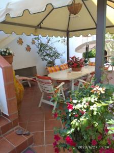 een patio met een tafel, stoelen en bloemen bij Ibiscus Casa Marina in Campomarino