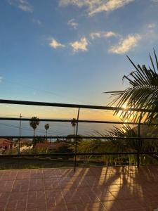 a fence with a view of the ocean and a palm tree at BnB BananaTree House in Arco da Calheta