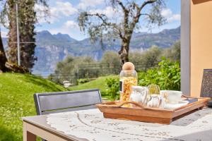 una mesa con una bandeja de comida y una botella en ella en CallaLillyJardin, en Malcesine