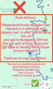 una captura de pantalla de un mensaje de texto sobre la autoridad vial en Hiwang Native House Inn & Viewdeck, en Banaue
