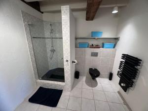 a bathroom with a shower and a black toilet at Ora et Labora in Beets
