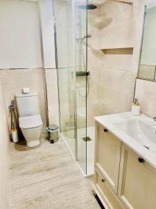 ein Bad mit einer Dusche, einem WC und einem Waschbecken in der Unterkunft Gran Capitán Home in Córdoba