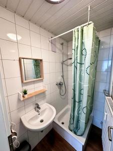een badkamer met een wastafel en een douchegordijn bij Moderne Ferienwohnungen in Kleve in Kleve