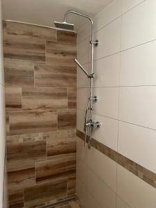 a bathroom with a shower with wooden tiles at Apartmán 27 - Ubytování v Krkonoších se saunou in Trutnov