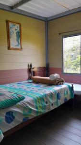 1 dormitorio con 1 cama en una habitación con ventana en Cabaña La Guitarra, en Betania