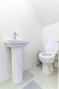 a white bathroom with a toilet and a sink at Charming Studio Haven in Birmingham