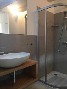 W łazience znajduje się umywalka i przeszklony prysznic. w obiekcie Appartamento Al Garibaldi w mieście Levico Terme