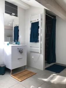 ein Badezimmer mit einem Waschbecken und einer Dusche mit blauen Vorhängen in der Unterkunft M48 *Marquer* T2 atypique Cranves-Sales in Cranves-Sales