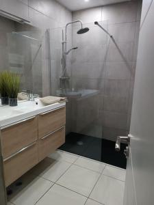 ein Bad mit einer Dusche und einem Waschbecken in der Unterkunft Villa aiguës marines in Pérols