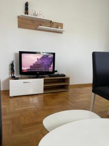 uma sala de estar com uma televisão de ecrã plano num suporte em Jana Royal Zarkovo em Bele Vode