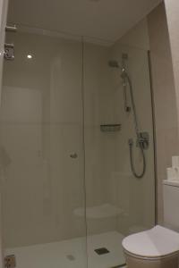y baño con ducha de cristal y aseo. en APARTAMENTOS PICOS DE EUROPA, en Santander