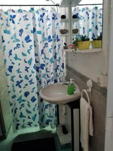 baño con lavabo y cortina de ducha en Apartamento Monoambiente Independiente en Salto Ciudad, en Salto