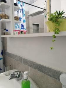 un lavabo con una botella de jabón verde. en Apartamento Monoambiente Independiente en Salto Ciudad, en Salto