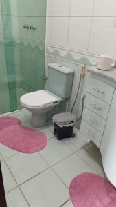 a bathroom with a toilet and a shower and pink rug at HOSTEL, POUSADA e APART em PORTO SEGURRO PRAIA in Porto Seguro