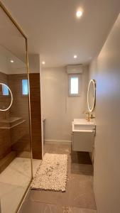 a bathroom with a shower and a sink and a mirror at Appartement 2 chambres dans résidence avec piscine et parking in La Ciotat +21 photos