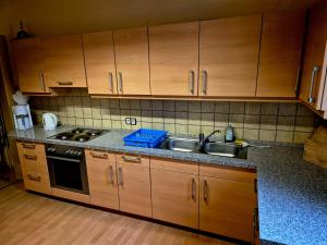 a kitchen with wooden cabinets and a sink at Vater Bender Heim in Schotten