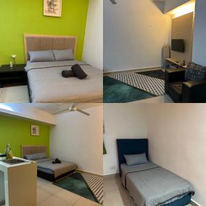 a collage of four pictures of a room with two beds at De Vianna Apartment Wakaf Che Yeh in Kota Bharu