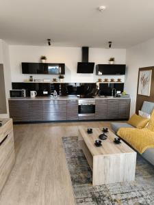 a living room with a couch and a coffee table at Apartamenty EDK in Jelenia Góra