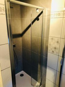 La salle de bains est pourvue d'une douche avec une porte en verre. dans l'établissement Gastenkamer met jacuzzi in de Vlaamse Ardennen, à Brakel