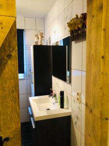 La salle de bains est pourvue d'un lavabo et d'un miroir. dans l'établissement Gastenkamer met jacuzzi in de Vlaamse Ardennen, à Brakel