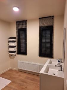 a bathroom with a sink and two windows at Boulevard 63 in Ronse +23 photos