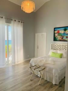 a white bedroom with a bed and a chandelier at San Salvador Luxury Direct Beach Front Apartment 2 bedroom 1 bath full kitchenin San Salvador, Bahamas in Cockburn Town