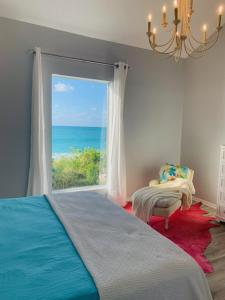 a bedroom with a bed and a window with the ocean at San Salvador Luxury Direct Beach Front Apartment 2 bedroom 1 bath full kitchenin San Salvador, Bahamas in Cockburn Town