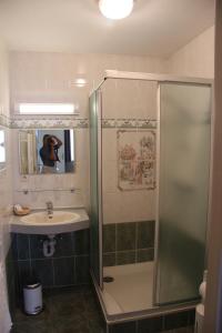une personne prenant une photo d'une salle de bains avec douche dans l'établissement Relais Charlemagne Sca, à Herve