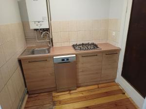 uma pequena cozinha com um fogão e um lavatório em Apartament nad kanałem em Giżycko