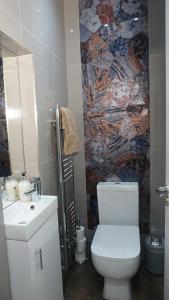 Luxury London house sleeps 13, 2 minutes to metro في لندن: حمام به مرحاض أبيض وجدار فسيفسائي