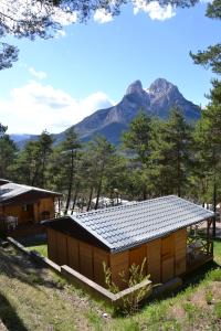 a wooden cabin with a view of a mountain range at Càmping Repòs del Pedraforca in Saldés