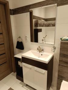 a bathroom with a sink and a mirror at Apartament 55m2 for you in Szczawno-Zdrój