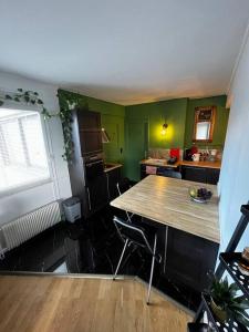 a kitchen with a wooden table and green walls at Appartement t2 in Vénissieux