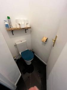 a bathroom with a toilet with a blue seat at Appartement t2 in Vénissieux