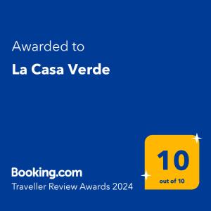 Majutusasutuses La Casa Verde olev sertifikaat, autasu, silt või muu dokument