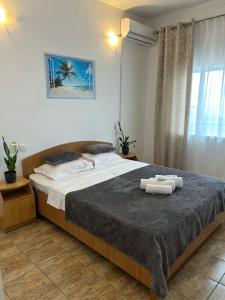 科斯蒂內甚蒂的住宿－Vila TIARA Costinesti，一间卧室配有一张床,上面有两条毛巾