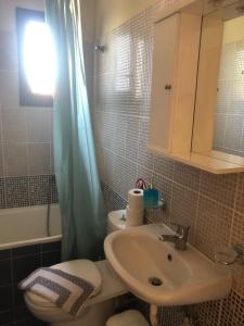 een badkamer met een wastafel, een toilet en een douche bij Katerina's SeaSide in Afissos