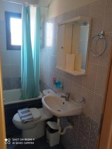 een badkamer met een wastafel, een toilet en een spiegel bij Katerina's SeaSide in Afissos