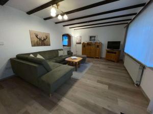 a living room with a couch and a flat screen tv at Einfach entspannen in Arrach