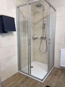 a shower with a glass enclosure in a bathroom at Einfach entspannen in Arrach
