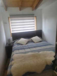 1 dormitorio con 1 cama con manta azul y ventana en Maravilloso departamento en el sur de Chile en La Unión