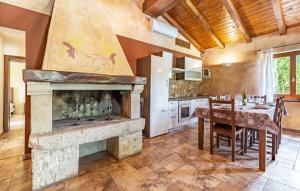 a kitchen with a fireplace and a dining room with a table at Villa & Ferienwohnung Rosa in Stari Pazin