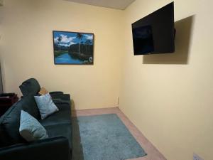 sala de estar con sofá verde y TV de pantalla plana en Estuary Apartments 2B, en Dunfermline