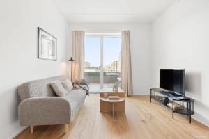 ein Wohnzimmer mit einem Sofa und einem TV in der Unterkunft Spacious waterfront apartment with marina and sea view in Arhus