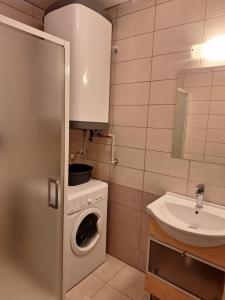 a bathroom with a washing machine and a sink at Apartment 180 in Teplice nad Metují