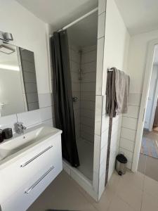 uma casa de banho com um chuveiro e um lavatório. em Stadtzauber Apartments em Bad Neuenahr-Ahrweiler