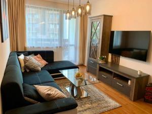 uma sala de estar com um sofá azul e uma televisão em Privat apartment hotel Belvedere**** em Bansko