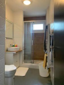 een badkamer met een douche, een toilet en een wastafel bij Quality Street in Châteauroux