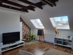 uma sala de estar com clarabóias e uma televisão de ecrã plano em Wohlfühlende Wohnung nähe Dortmund em Witten