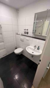 a bathroom with a sink and a toilet and a mirror at Apartment in Langenhagen-Airport-Hannover! contactless check-in in Hannover